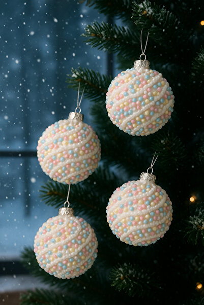 Derin Düşler زينة شجرة الصنوبر للعام الجديد خرز معكرون أبيض ملون 7 سم 4 قطع ز...