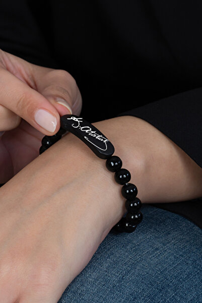 Takı Dükkanı K. Atatürk İmzalı Parlak Siyah Boncuk Taşlı Erkek / Bileklik bbb19ip
