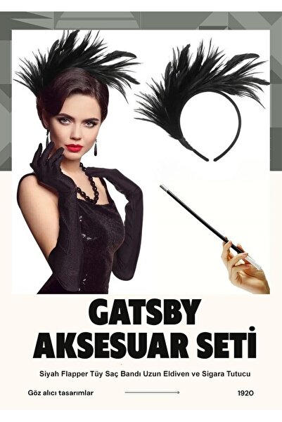 shop Set dodataka u stilu Gatsbyja iz 1920-ih - crna traka za glavu sa perjem...