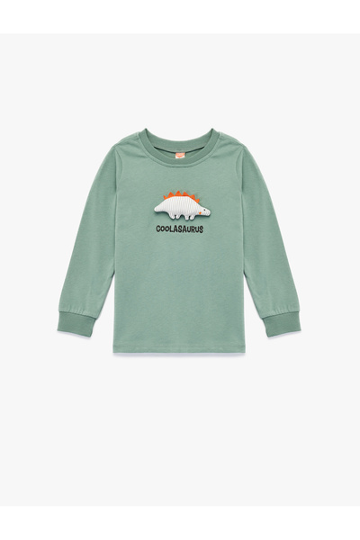 Koton Tricou din bumbac cu mânecă lungă și decolteu cu aplicație de dinozaur