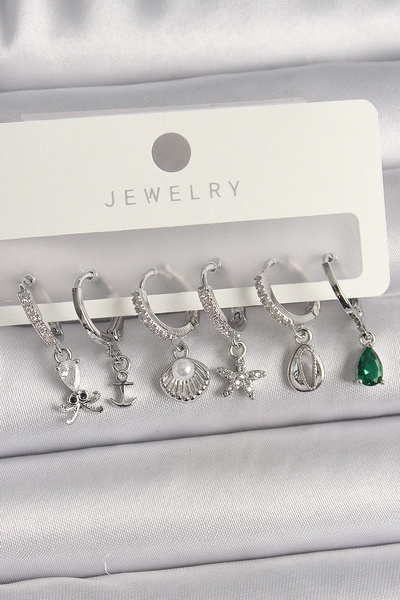 Skygo Pirinç Gümüş Renk Zirkon Taşlı İnci Detay Çoklu Figür Kadın Küpe Seti -...