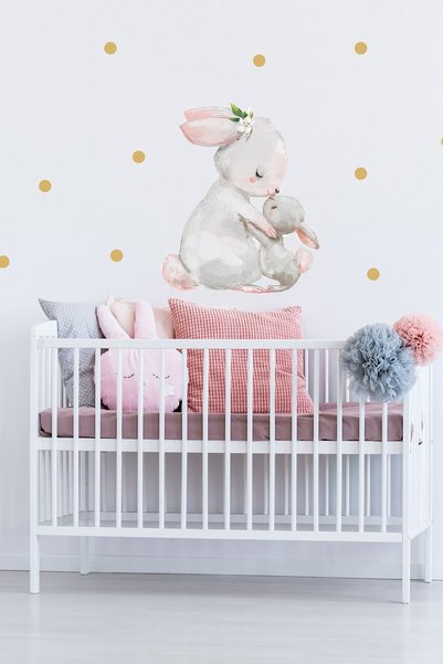 TUGİBU Rabbit and Gold Polka Dots Baby Room Sticker Set, Mother and Baby Rabbit Sticker Set