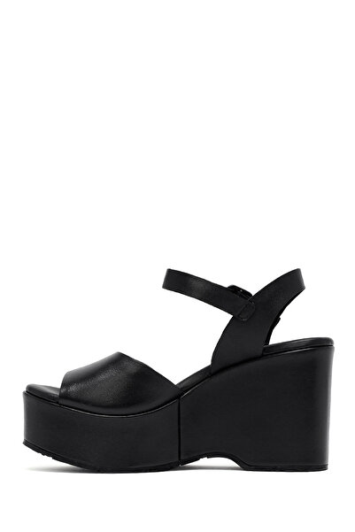Derimod Women's Black Ankle Buckle High Wedge Heeled Leather Sandals 25Sfd141118