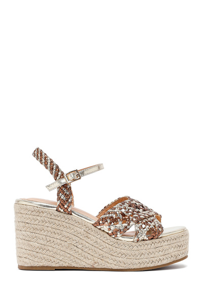 Derimod Women's Gold Ankle Buckle Wedge Heeled Knitted Sandals 25Sfe451829
