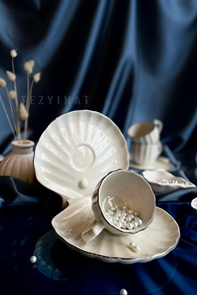 Tezyinat Wood طقم فناجين قهوة من البورسلين مكون من 4 قطع لشخصين مع لؤلؤ المحا...