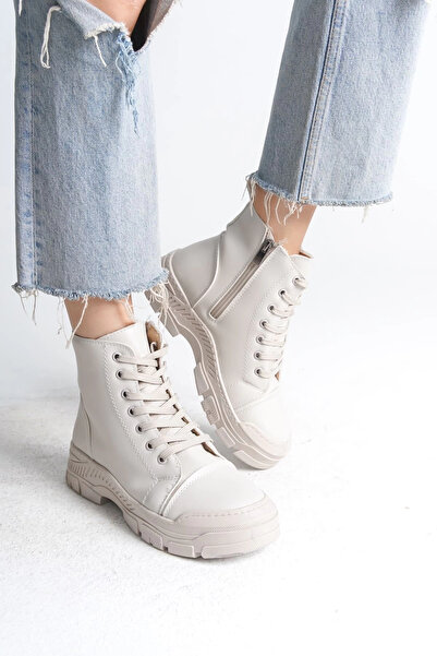 Joy Ayakkabı BLOOM Bağcıklı Fermuarlı Ortopedik TabanKadın Bot KT - Krem