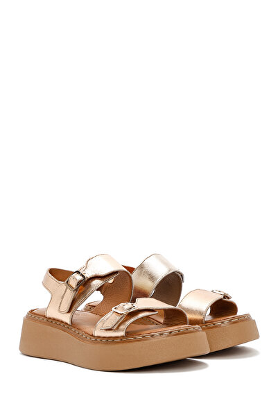 Derimod Women's Bronze Buckle Thick Soled Metallic Genuine Leather Comfort Sandals 25Sfd342432