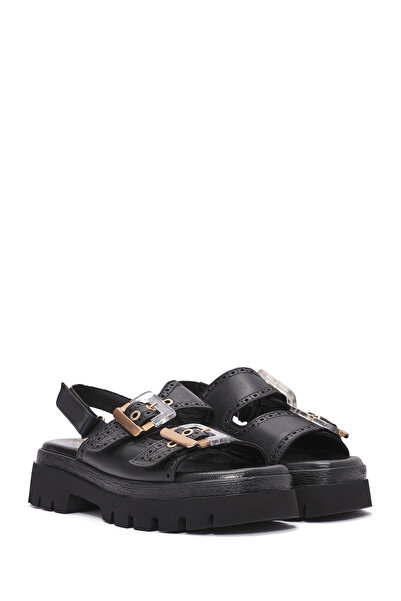 Derimod Kadın Siyah Tokalı Bantlı Kalın Tabanlı Hakiki Deri Sandalet 25SFD202318