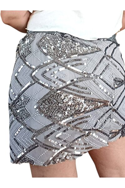SADECE SEN DE gümüş pul payet işlemeli tül kumaş mini etek/beli tasarım riban...