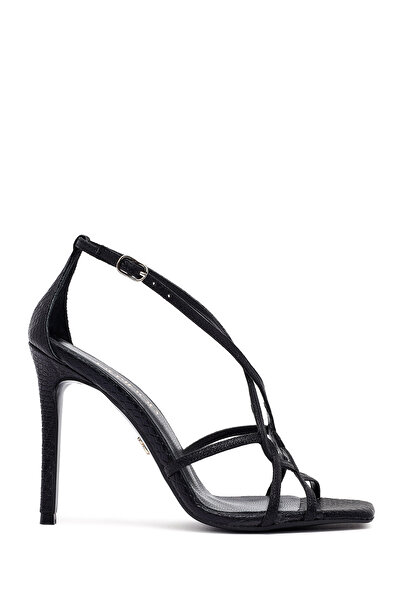 Derimod Women's Black Ankle Buckle Thin Heeled Evening Dress Shoes Metallic Leather Sandals 25Sfd161232