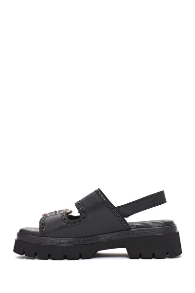 Derimod Kadın Siyah Tokalı Bantlı Kalın Tabanlı Hakiki Deri Sandalet 25SFD202318