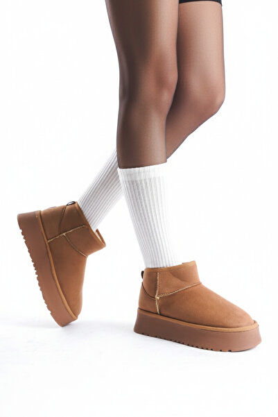 moon glow Kadın Kalın Taban İçi Kürklü Yarım Bot İçi Yünlü Bot Kadın Kışlık Bot Kadın Bej Bot & Bootie