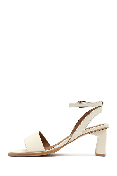 Derimod Women's Cream Ankle Buckle Thick Heeled Shoes Genuine Leather Sandals 25Sfd131218