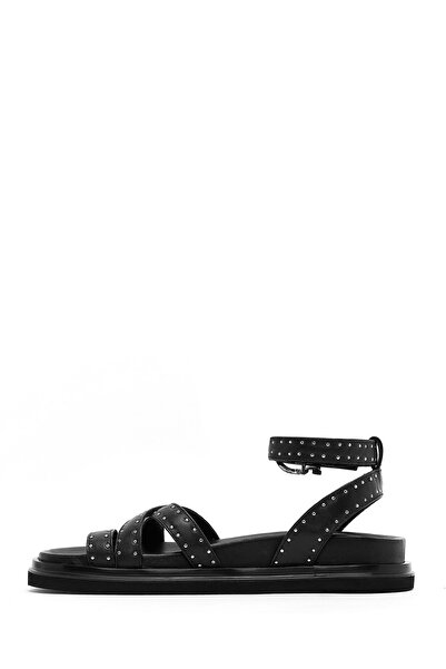 Derimod Women's Black Ankle Buckle Metal Detailed Genuine Leather Sandals 25Sfd270418