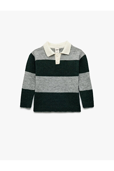 Koton Long Sleeve Color Block Button Polo Neck Knitwear Sweater