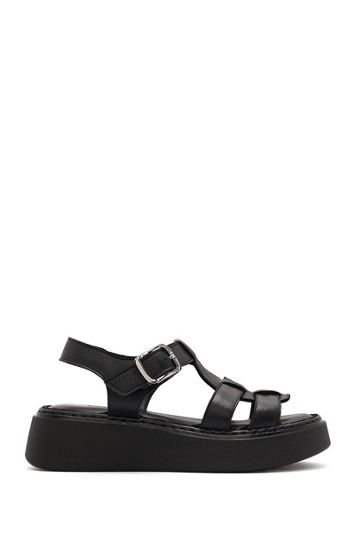 Derimod Women's Black Buckle Thick Soled Genuine Leather Comfort Sandals 25Sfd343018