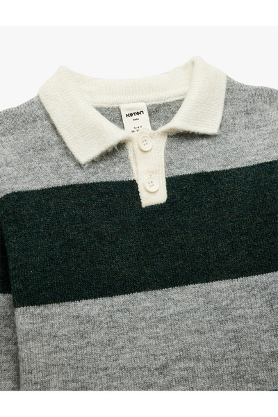 Koton Long Sleeve Color Block Button Polo Neck Knitwear Sweater