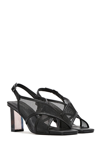 Derimod Women's Black Ankle Buckle Thick Heeled Shoes Fabric Sandals 25Sfd44256F