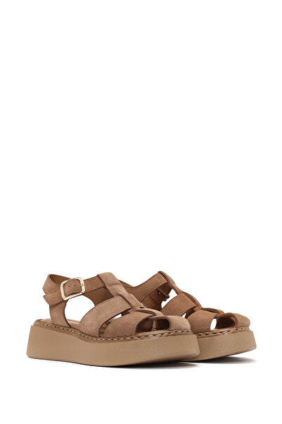 Derimod Women's Powder Ankle Buckle Thick Soled Suede Genuine Leather Comfort Sandals 25Sfd342610