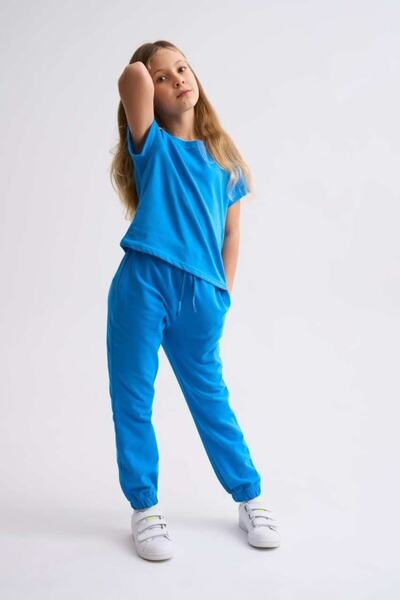 THERECOLOR Organic Blue Sweatpants Girl's Lace-up Two-Pocket