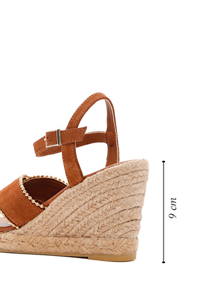 Derimod Women's Tan Ankle Strap Wedge Heeled Shoes Suede Leather Espadrille Sandals 25Sfd205910