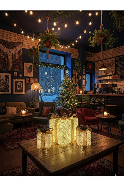 Dekoratif Yılbaşı Ağacı Altı Led Işıklı Hediye Kutu Seti (NOEL SÜSÜ) Kırmızı Kurdele Yılbaşı Süsü