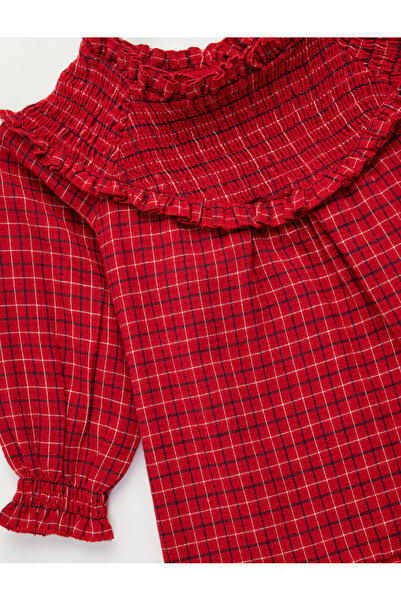 Koton Pamuklu Fırfırlı Yaka Uzun Kollu Ekose Elbise