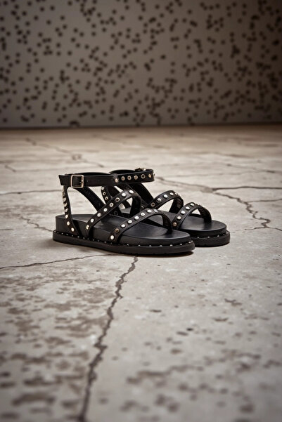 Derimod Women's Black Ankle Strap Metal Detailed Genuine Leather Sandals 25Sfd270318