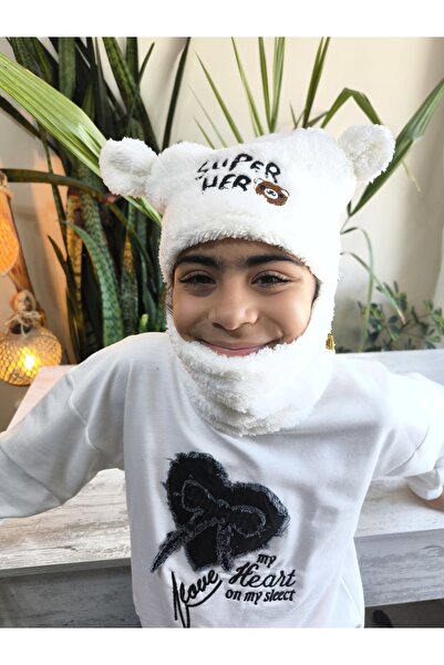 Şimo Butik Girls Boys Unisex Self-Necked Beanie with Plush Figure Soft Ear Protection Hero White