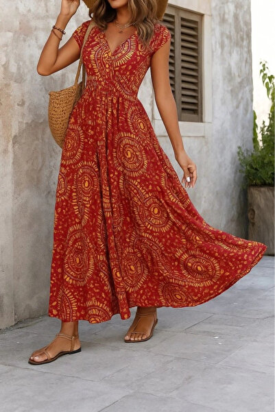 ARONA Γυναικείο φόρεμα MDB με κοντό μανίκι με φτερωτό στυλ, λαιμόκοψη σε σχήμα V και κορδόνι στη μέση