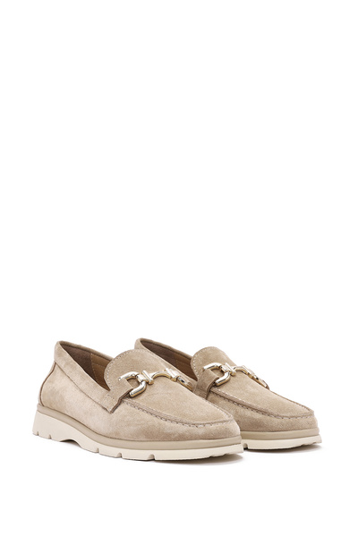 Derimod Kadın Bej Toka Detaylı Süet Hakiki Deri Loafer, Comfort Ayakkabı, Günlük Ayakkabı 25SFD153710