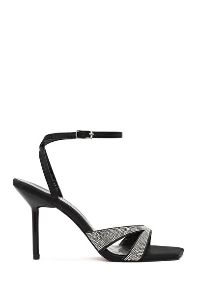 Derimod Women's Black Ankle Buckle Stone High Thin Heeled Shoes Sandals 25Sfe3916Ts