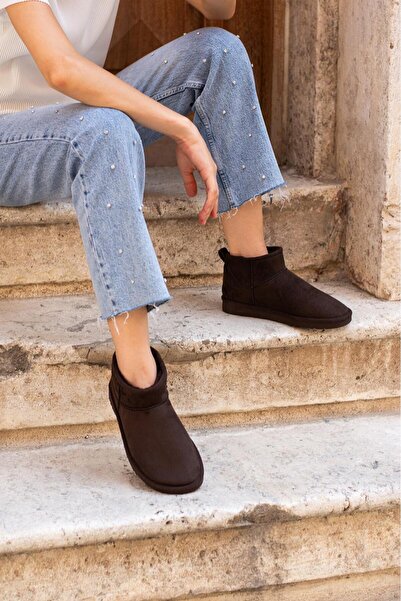 LORENN SHOES Ultra Mini Kahve Süet İçi Kürklü Düz Taban Kadın Bot