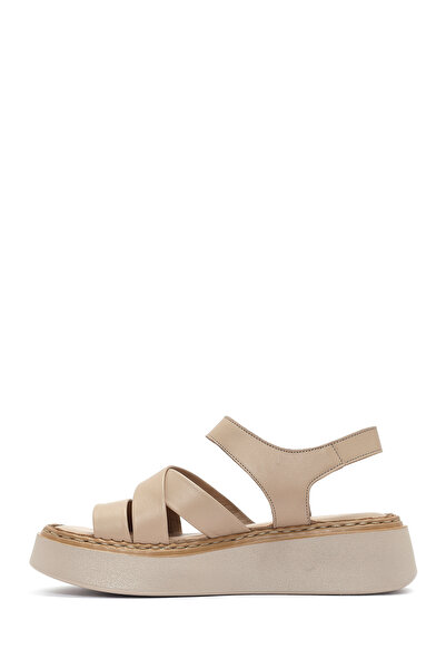 Derimod Kadın Bej Bilekten Bağlamalı Kalın Tabanlı Hakiki Deri Comfort Sandalet 25SFD342718