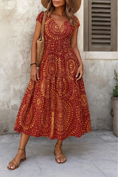 ARONA Mdb Women's Short Batwing Sleeve V-Neck Gathered Waist Single Jersey Dress