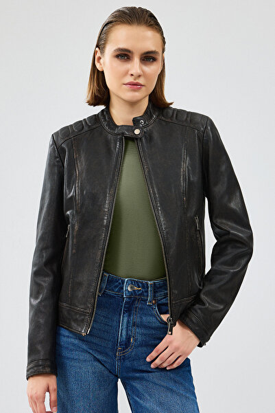 Derimod Weekend Kadın Kahverengi Vintage Deri Ceket 24WGM5229G6