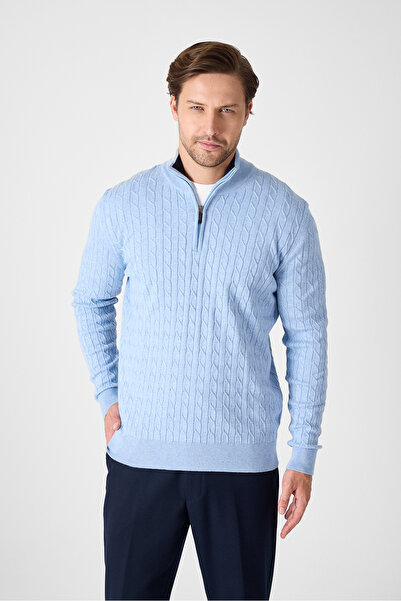 Frappoli Focus Boys' Бебешко синьо пуловерче с плитки и половин цип от памучна смес