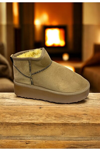 güneşayakkabı Kadın Süet İçi Kürklü Kalın Taban Bilekte Kısa Ug Bot Vizon