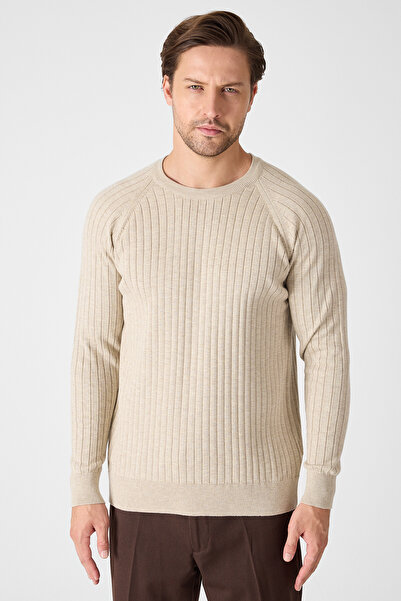 Frappoli Ανδρικό μπεζ πουλόβερ από ιταλικό βαμβακερό ριμπ με λαιμόκοψη από την Solen