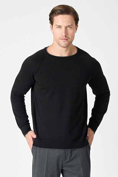 Frappoli Lunox Men's Black Italian Ribbed Cotton Sports Crew Neck Sweater