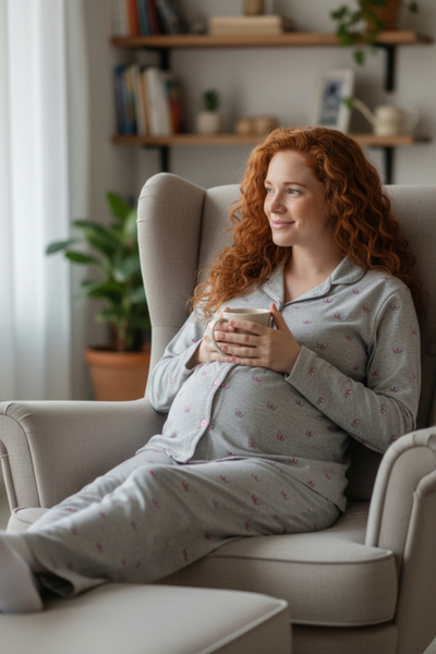 ByGamzeArman Long Sleeve Pink Butterfly Pattern Combed Cotton Fabric Maternity Pajama Set