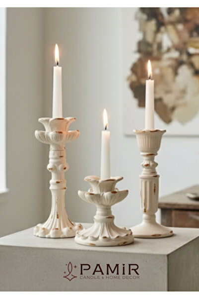 pamircandles 3'lü Şamdan Mumluk Fransız Romantik Antik El Sanatı White Gold D...