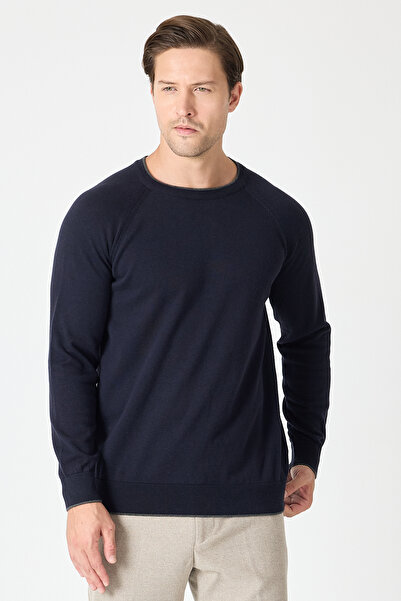 Frappoli Lunox Men's Navy Blue Italian Ribbed Cotton Sports Crew Neck Sweater