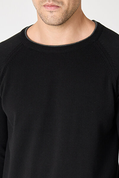 Frappoli Lunox Men's Black Italian Ribbed Cotton Sports Crew Neck Sweater
