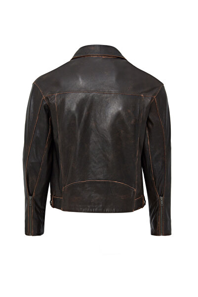 Derimod Lugano Women's Brown Vintage Biker Leather Jacket 24Wgd5278Vd