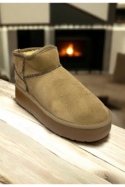 güneşayakkabı Kadın Süet İçi Kürklü Kalın Taban Bilekte Kısa Ug Bot Vizon