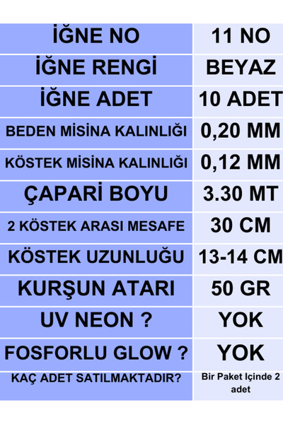 ea genset Çapari İstavrit Çaparisi 20x12 Beden İnce 50gr Beyaz Sim 11 No Beyaz İğne 10 İğneli Çapari 2li Paket