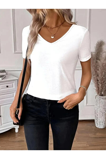 ARONA Women's Short Sleeve V Neck Back Lace Viscose Blouse