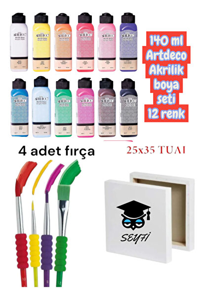 SEYFİKİRTASİYE Artdeco Akri̇li̇k Boya 12 Renk X 140 Ml 6 Li Firça Seti̇ Ve 25x35 Tual
