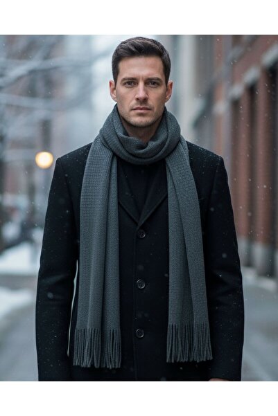 1001 Kravat Men's Knitted Scarf with Gray and Light Brown Stripes in a Wooden Gift Box